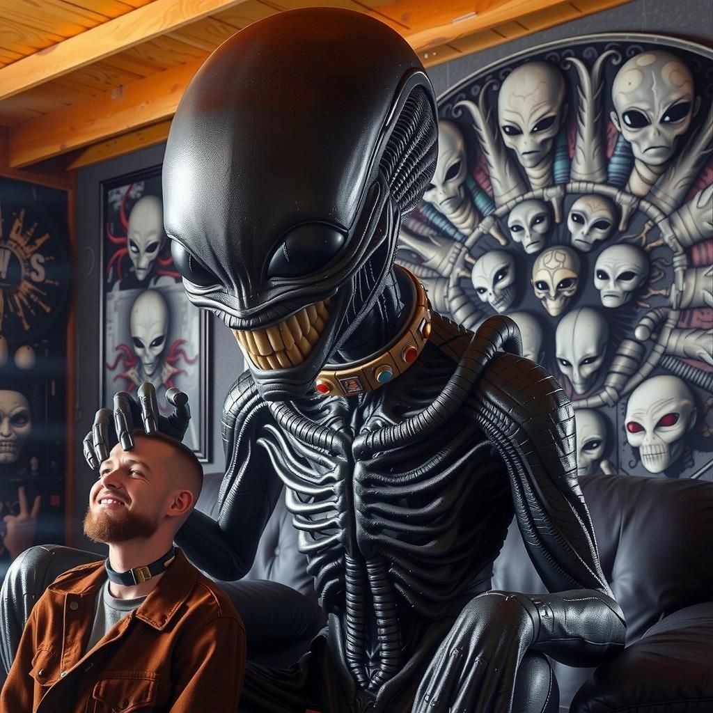 Human Pet in Alien Lap: Hyperrealistic Close-Up