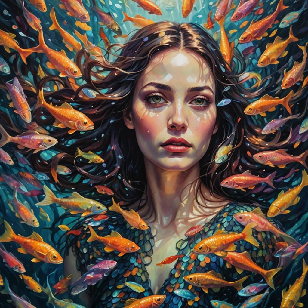 Surreal Woman Swims in Dreamlike Underwater Realm