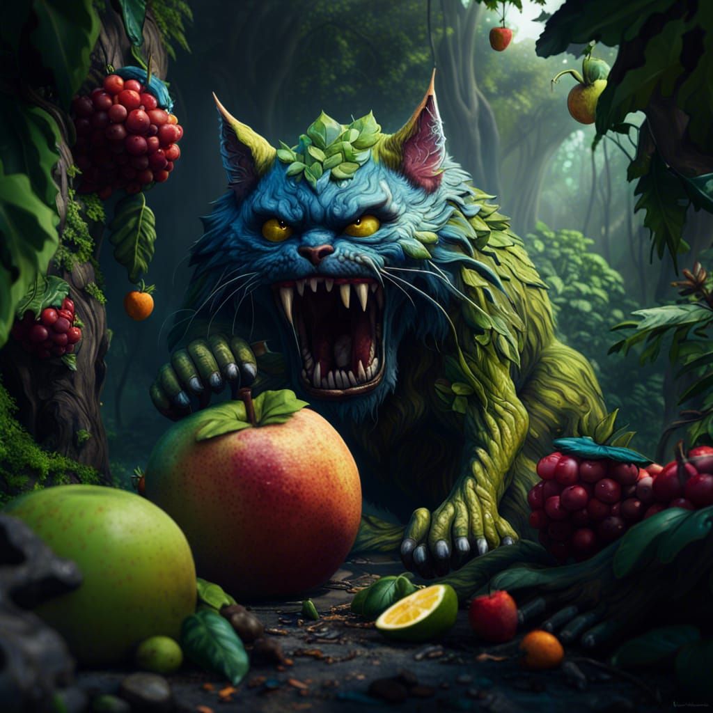 Giant Cat Monster Eats Fruit in Rainforest