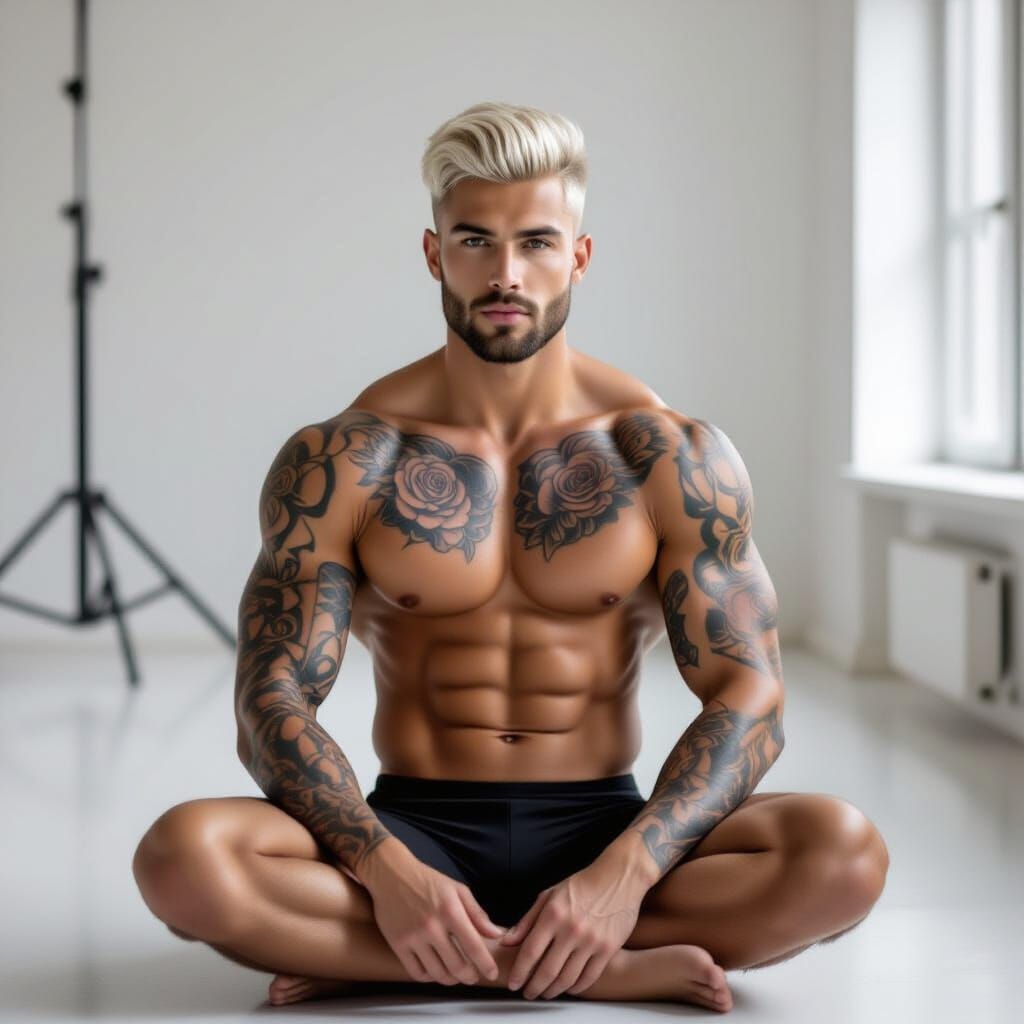 Tattooed Male Model with Platinum Hair and Gold Chains