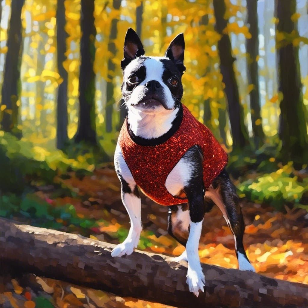 Woman in Red Dress Leaping in Pointillism Style