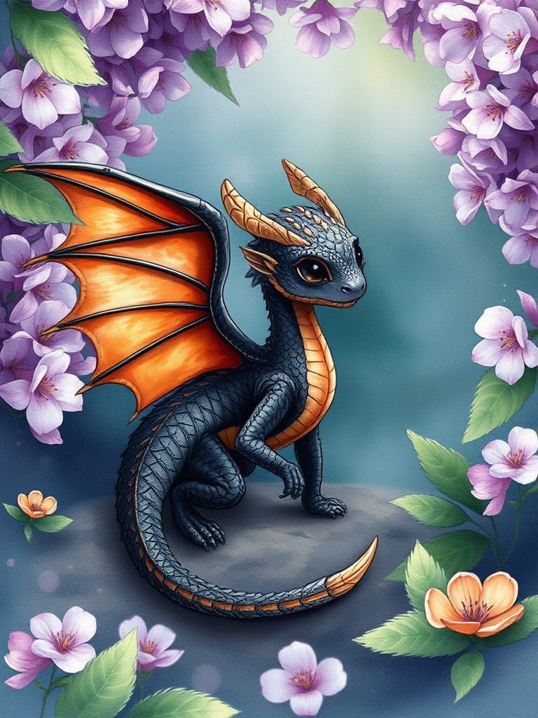 Delicate Watercolor Dragon in Lilac Forest