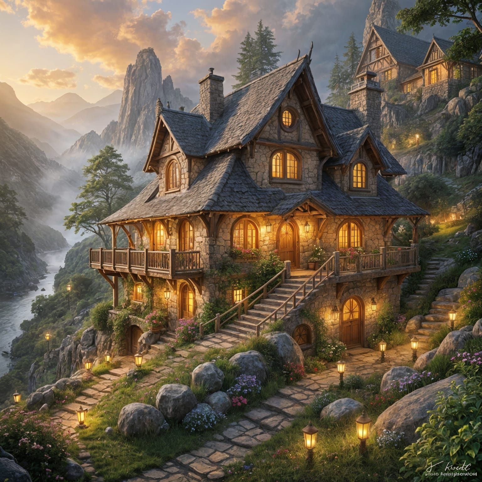 Rustic Hobbit Home with Stone Path, Fantasy Art