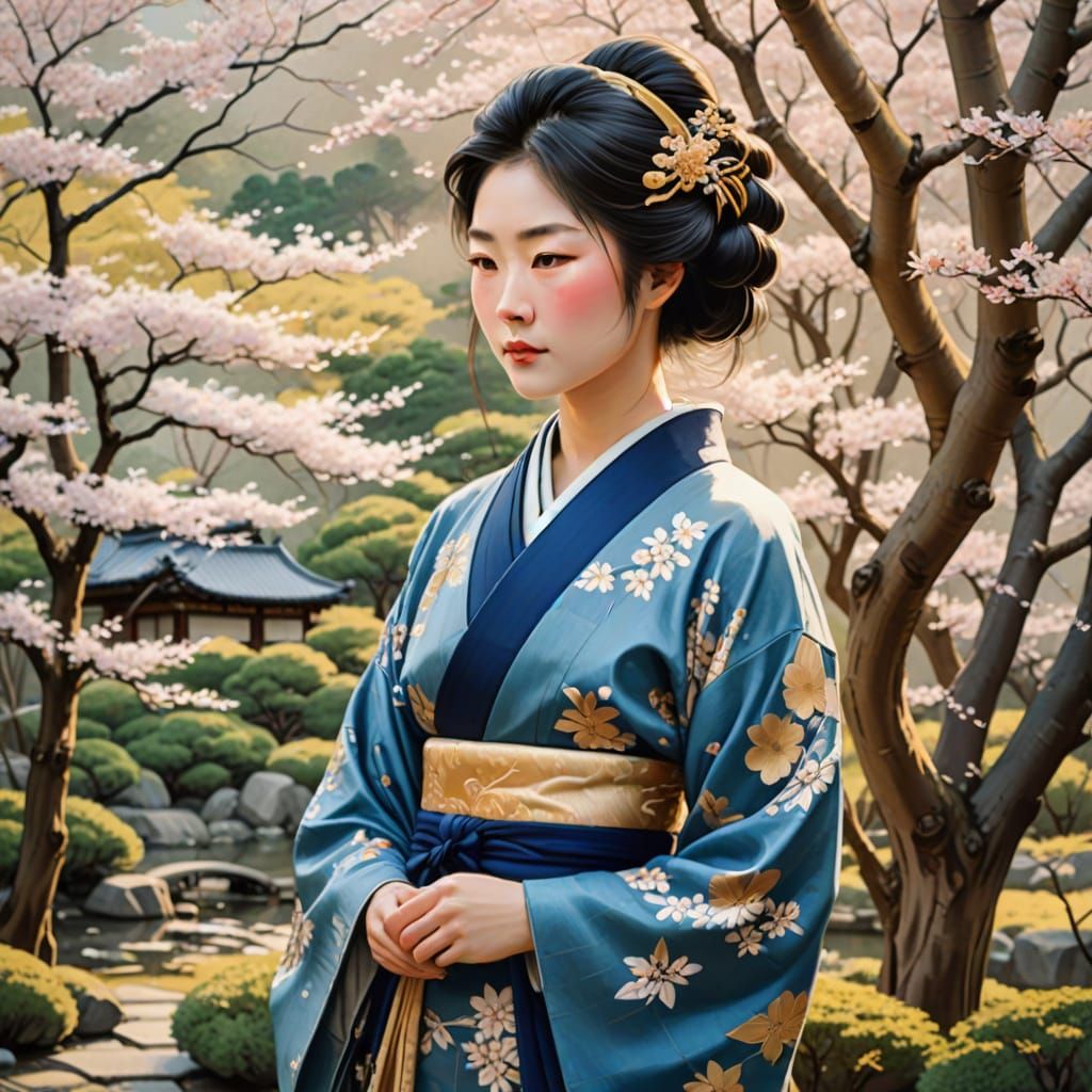 Traditional Japanese Woman in Blue and Gold Kimono, Ukiyo-e ...