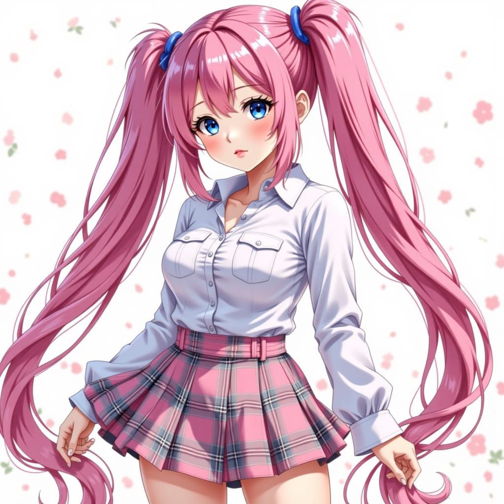 Anime Girl with Pink Ponytails and Plaid Skirt