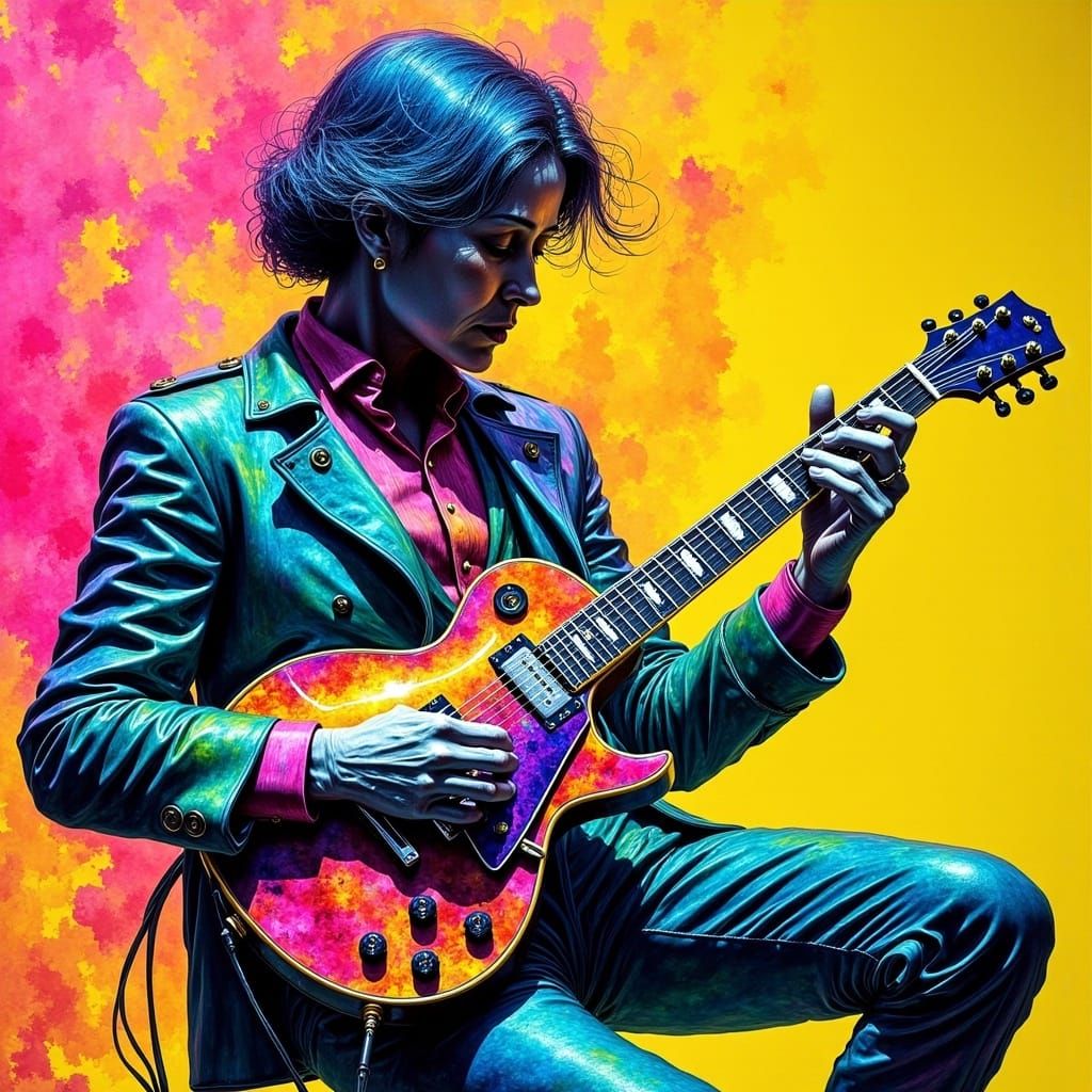 Intricate Guitar in Neon Hues and Abstract Silhouette