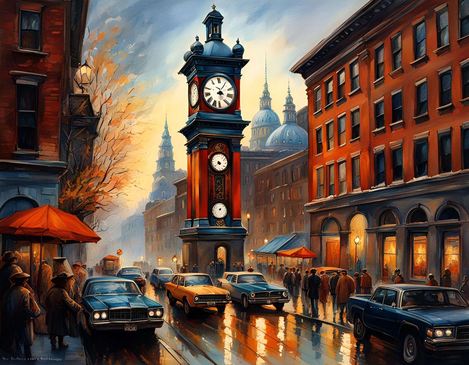 City Hall Clock at Sunset: Watercolor Film Noir