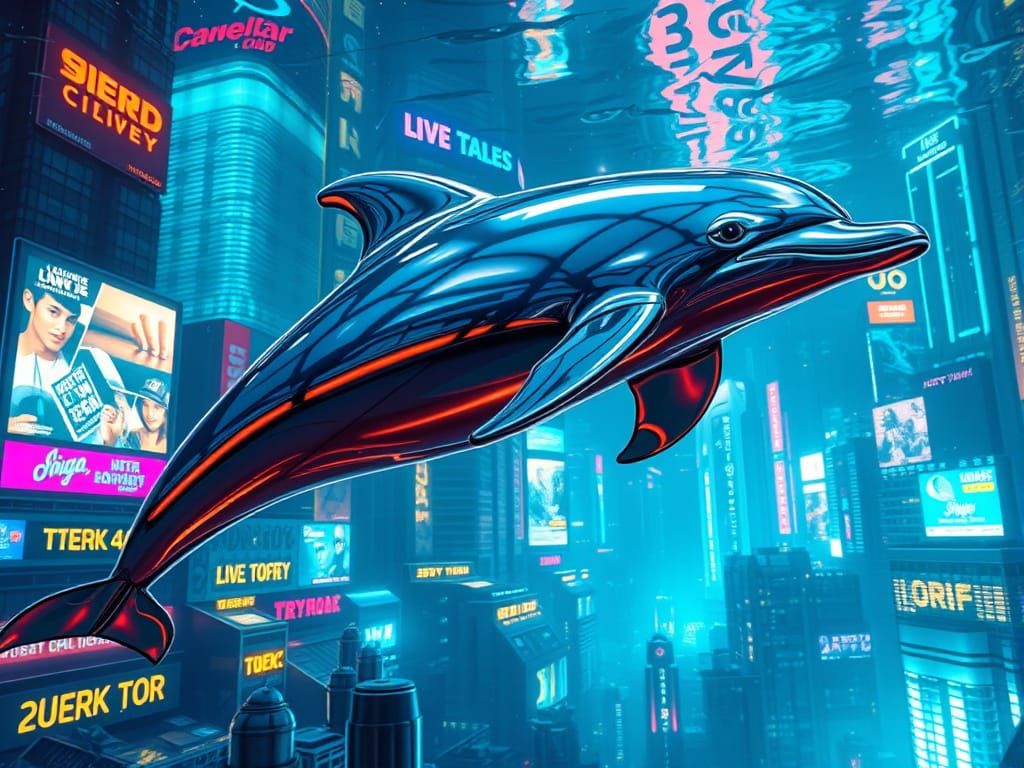 Chrome Dolphin Leaps Through Neon Underwater Cityscape