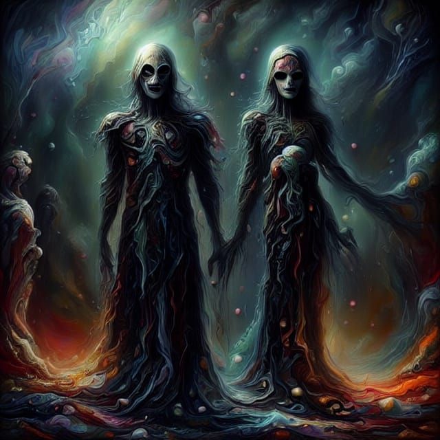 Two Shadow Spooks With Glowing White Eyes in Gothic Style