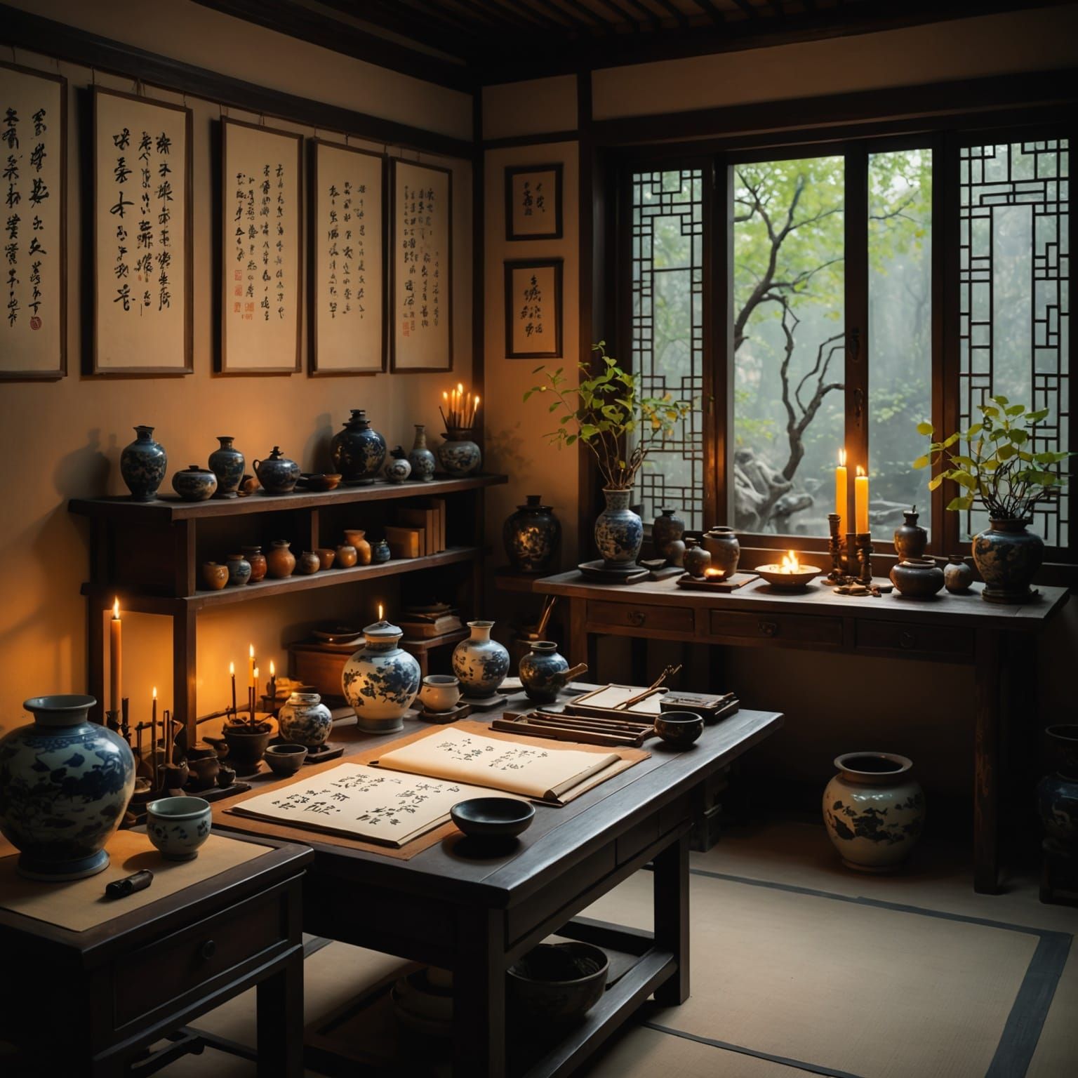Chinese scholar's studio filled with scrolls, porcelain, bon...