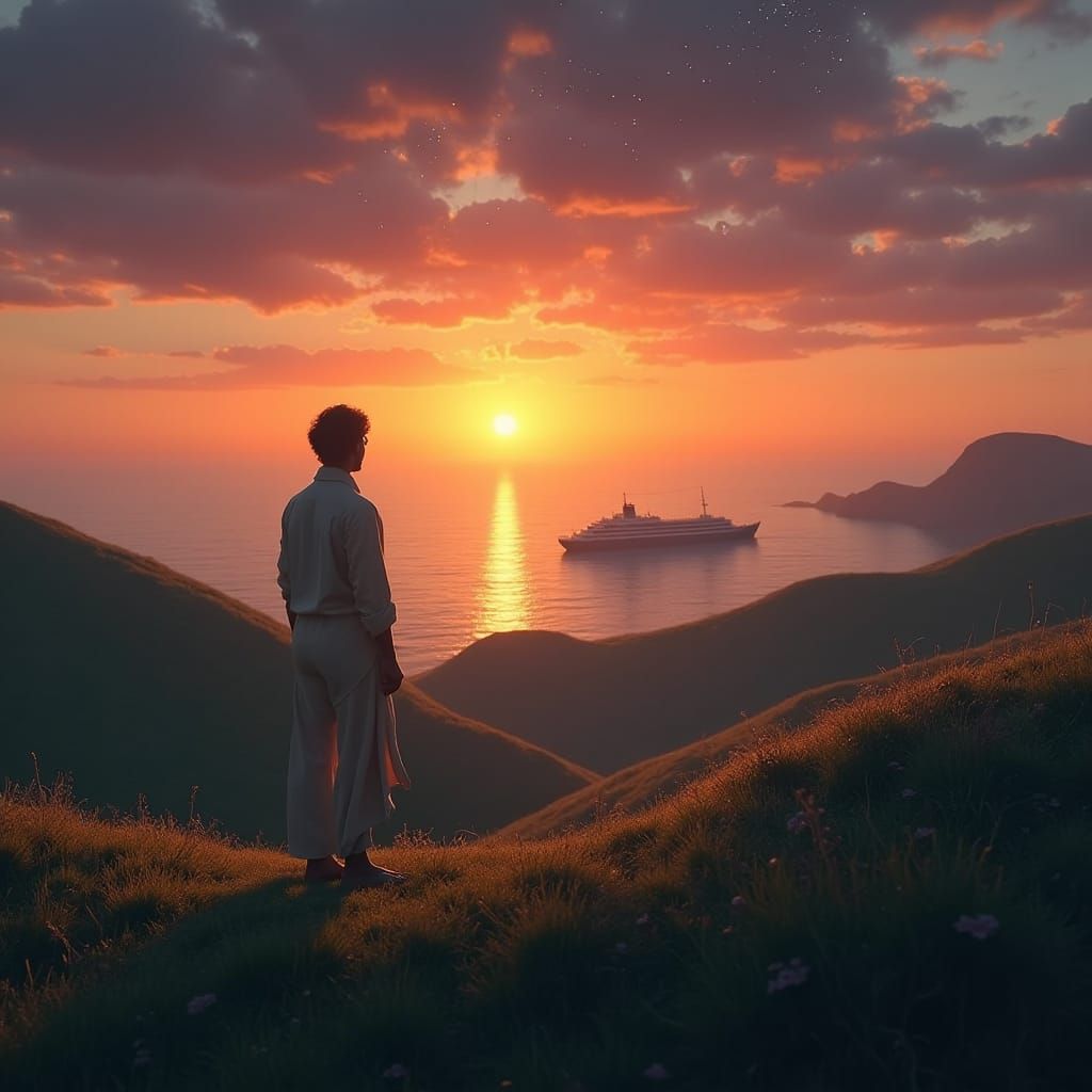 Contemplative Figure at Sunset: A Cinematic Film Still