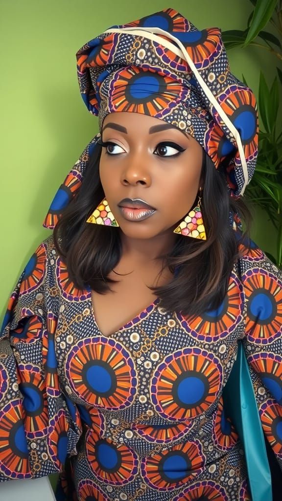 Elegant Black Woman in African Print Gele, Photorealistic