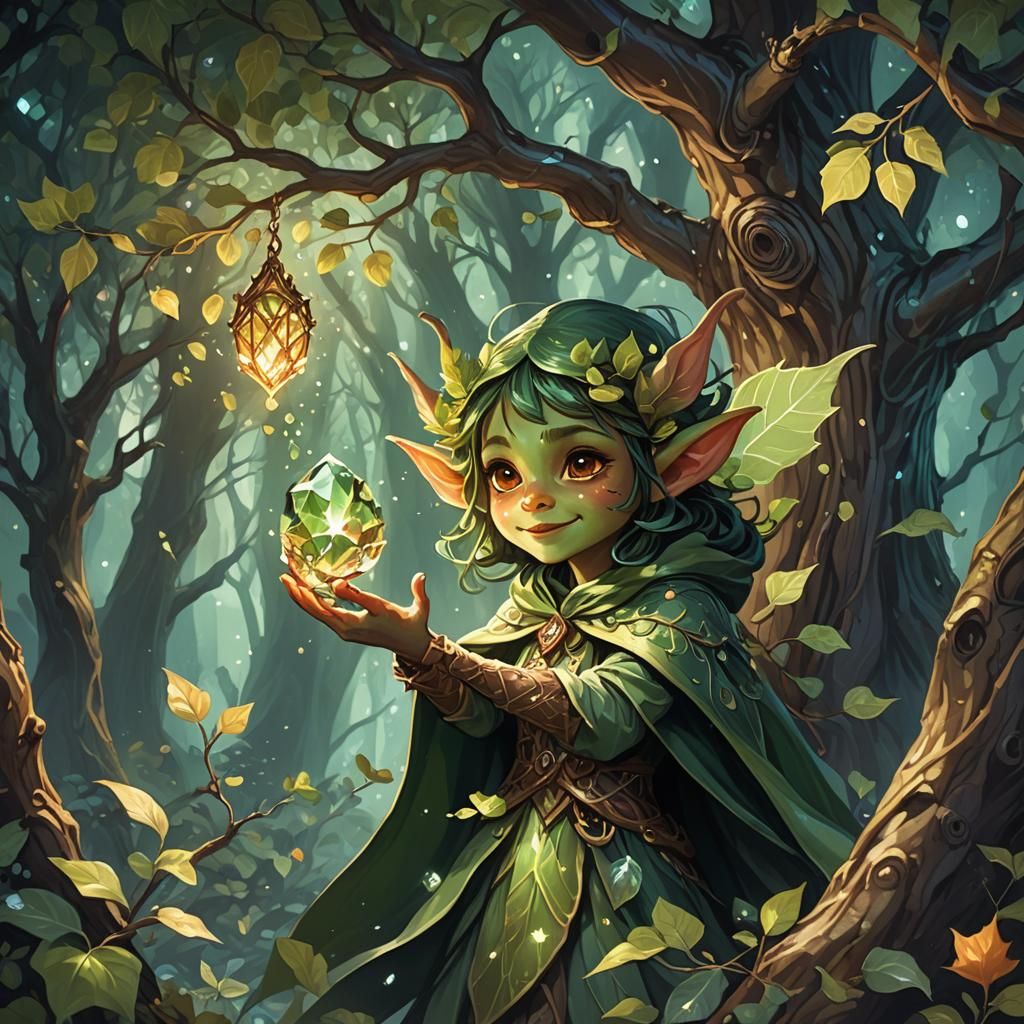 Cute Tree Imp Stealing Crystal: Fantasy Illustration