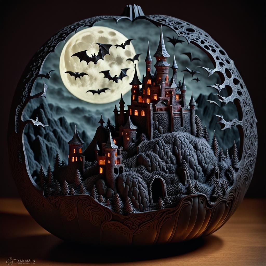Dark 3D Gourd Carving of Dracula's Castle