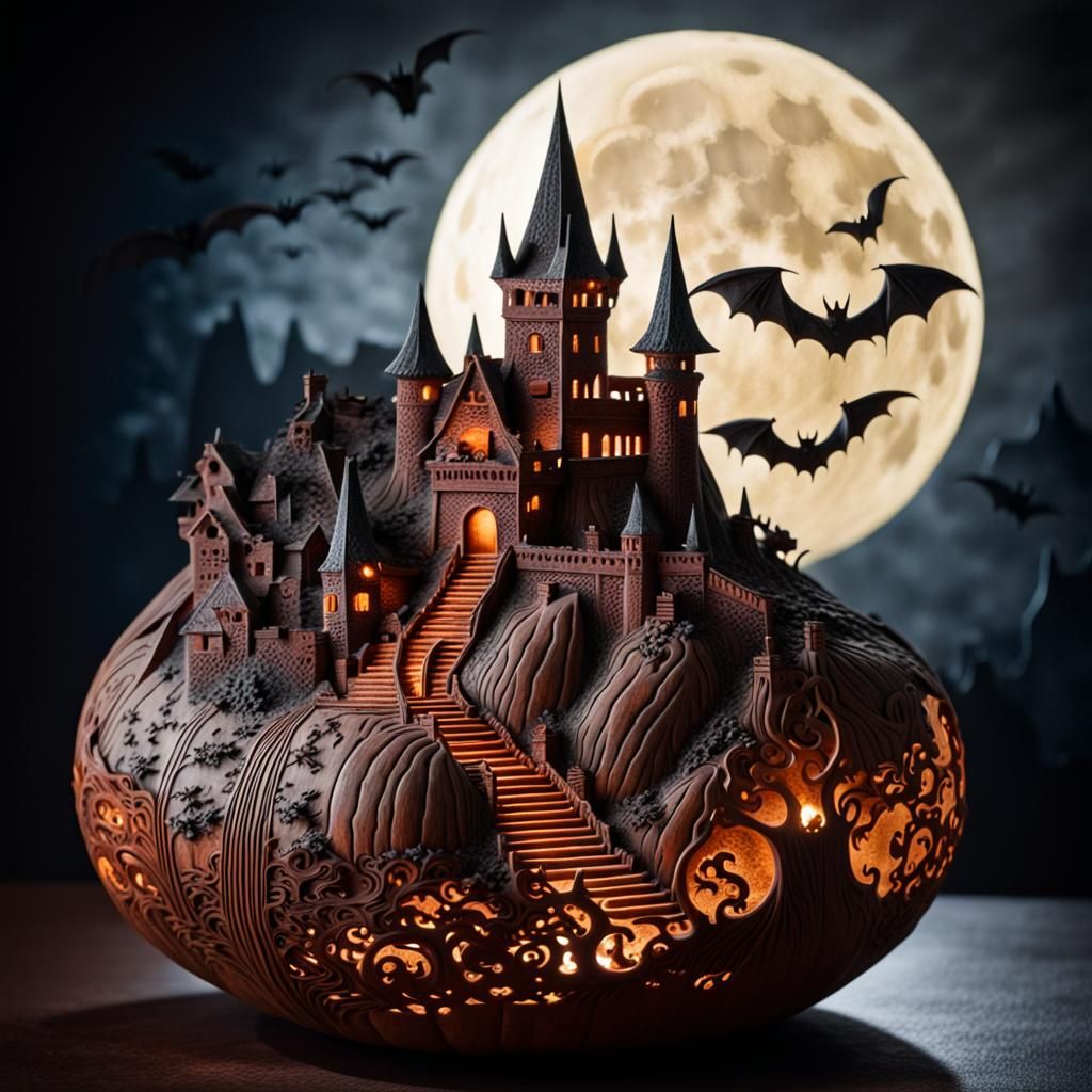 Dark 3D Gourd Carving of Dracula's Castle
