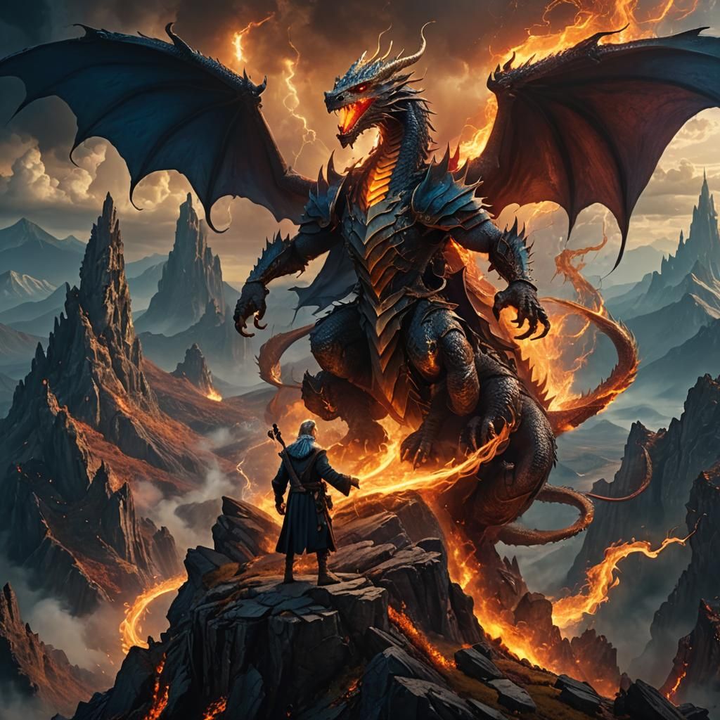 Wizard and Dragon on Scorched Peak: Fantasy Art