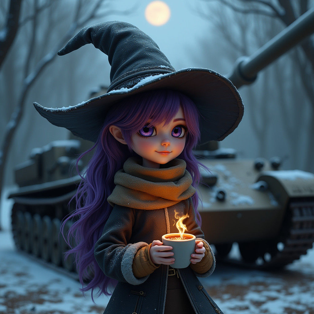 Whimsical Witch and T-34 Tank in Winter Forest