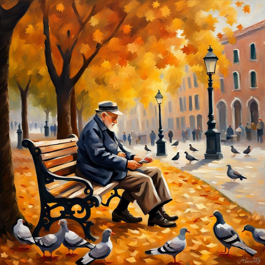 Venice Park Scene: Impressionistic Old Man Feeding Pigeons
