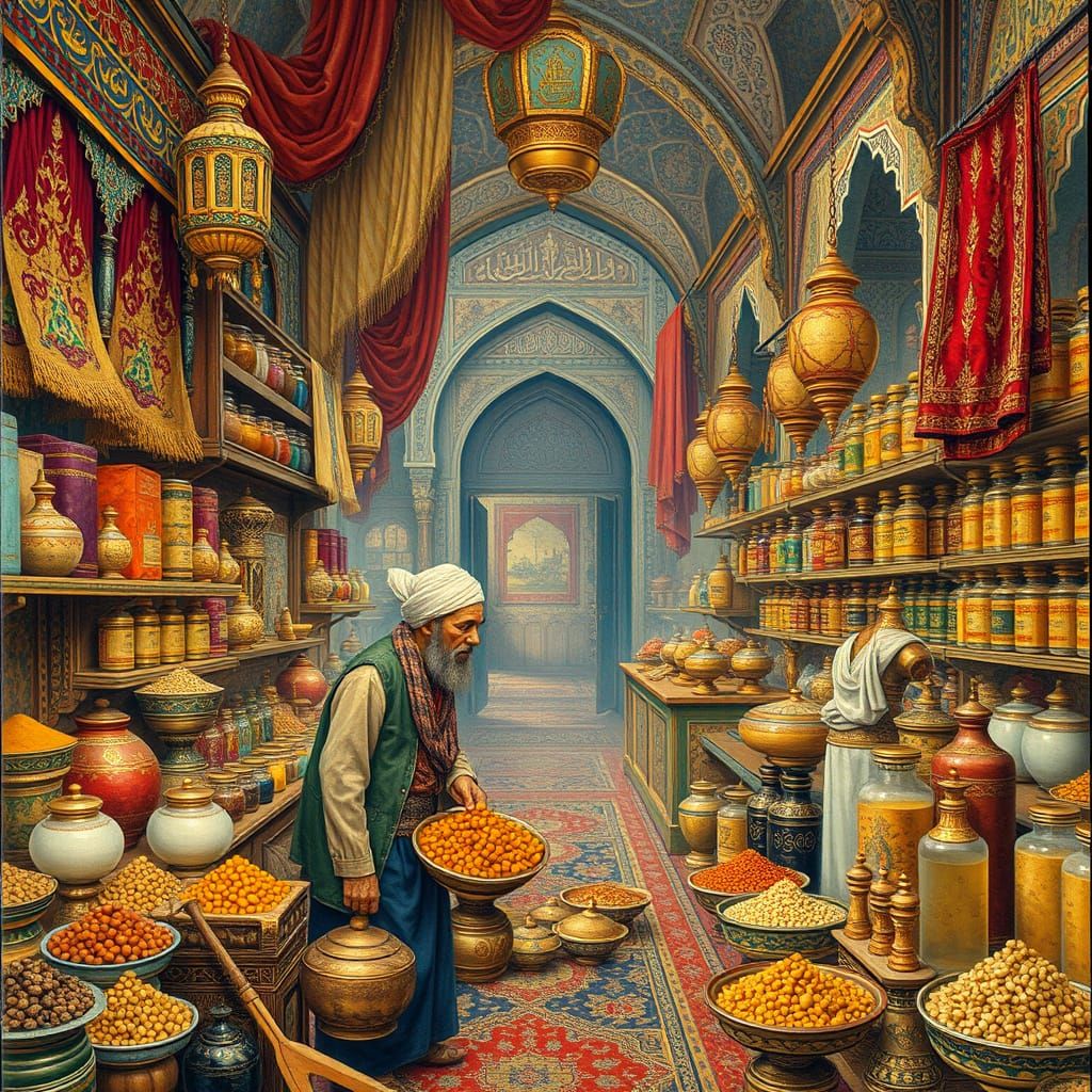 Vibrant Merchant in Ancient Baghdad Marketplace