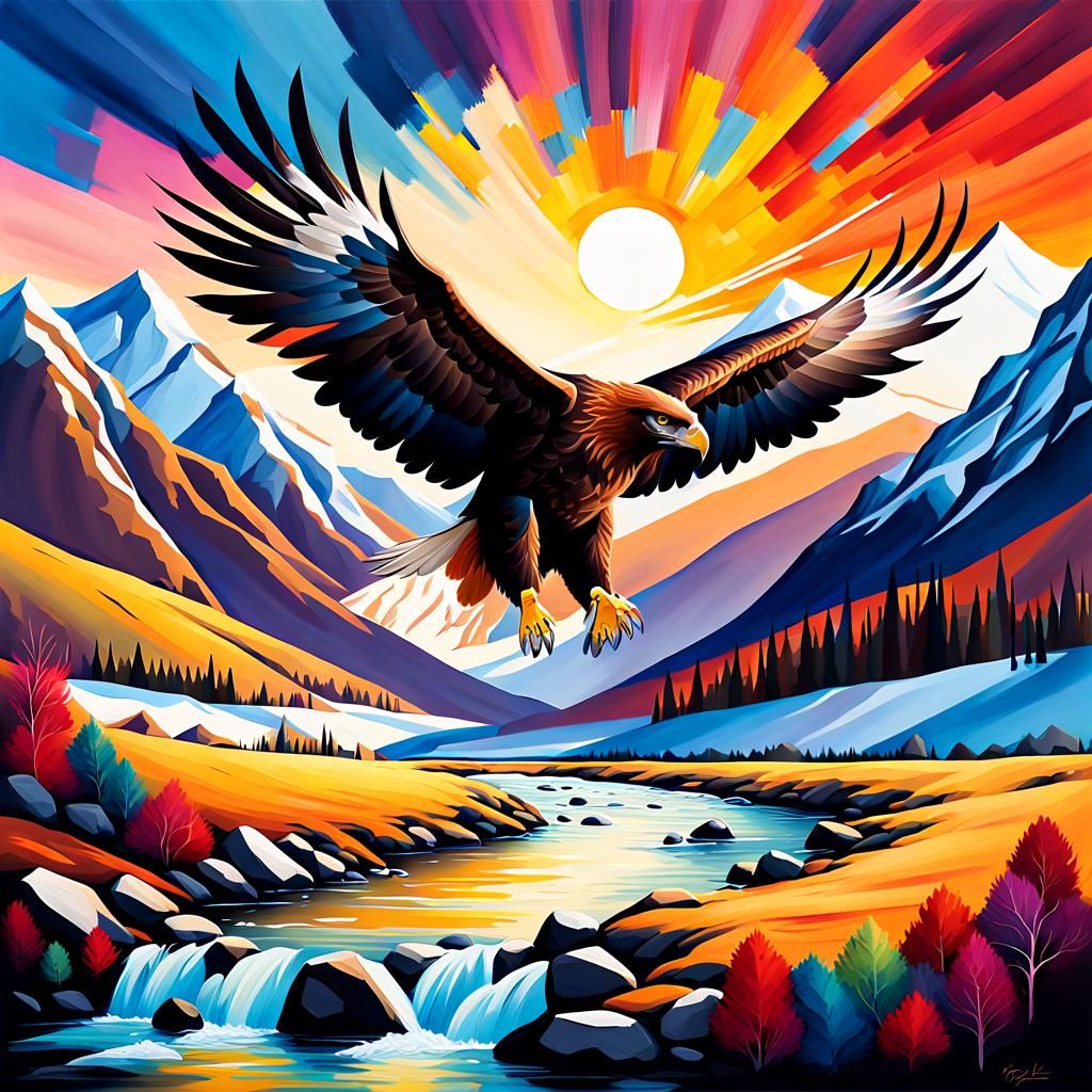 Golden Eagle Soaring Over Snowy Mountain Valley