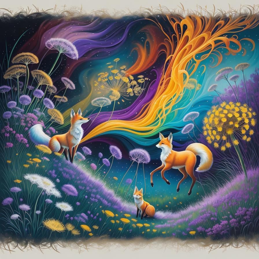 Fox Family in Surreal Dandelion Dreamscape