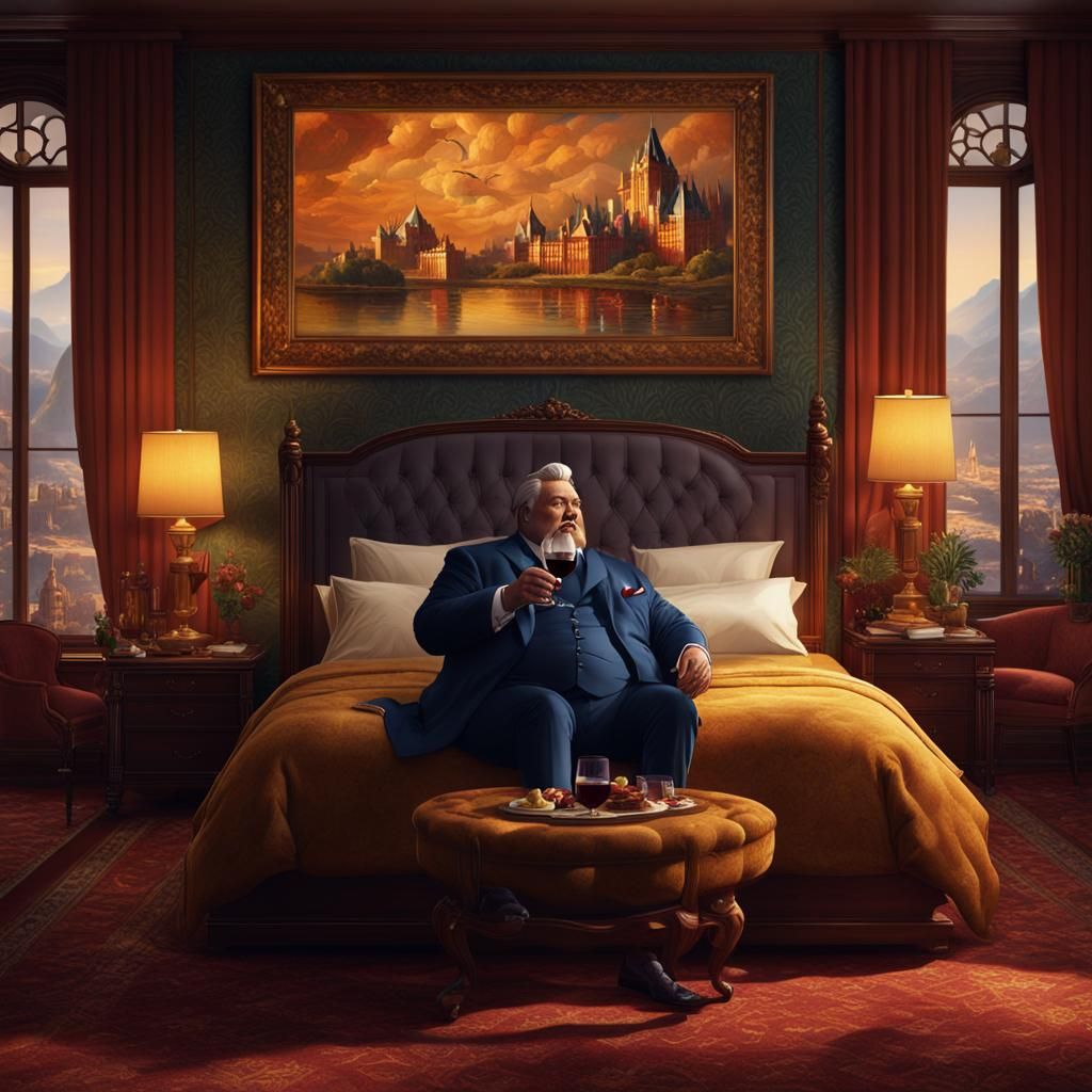 Rich Man Drinking Wine in Hotel Room