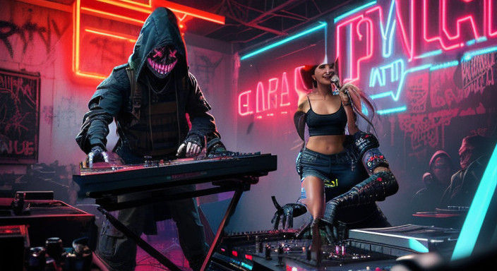 Epic Cyberpunk Figure in Neon-Lit Nightclub