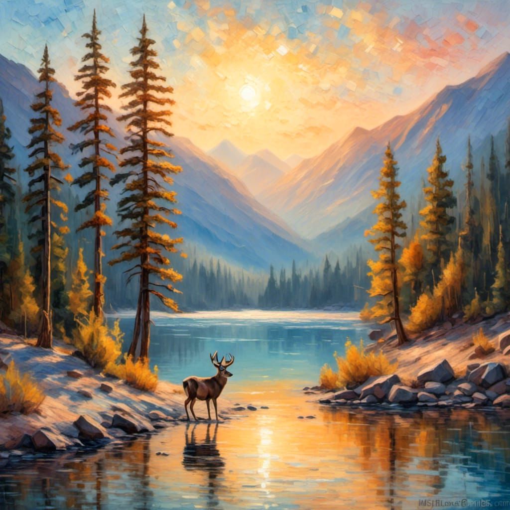 Mule Deer at Lake Tahoe Sunrise: Impressionist Oil Painting