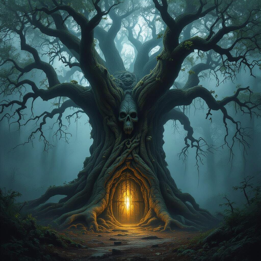Ancient Tree with Hidden Doorway in Dark Fantasy Style
