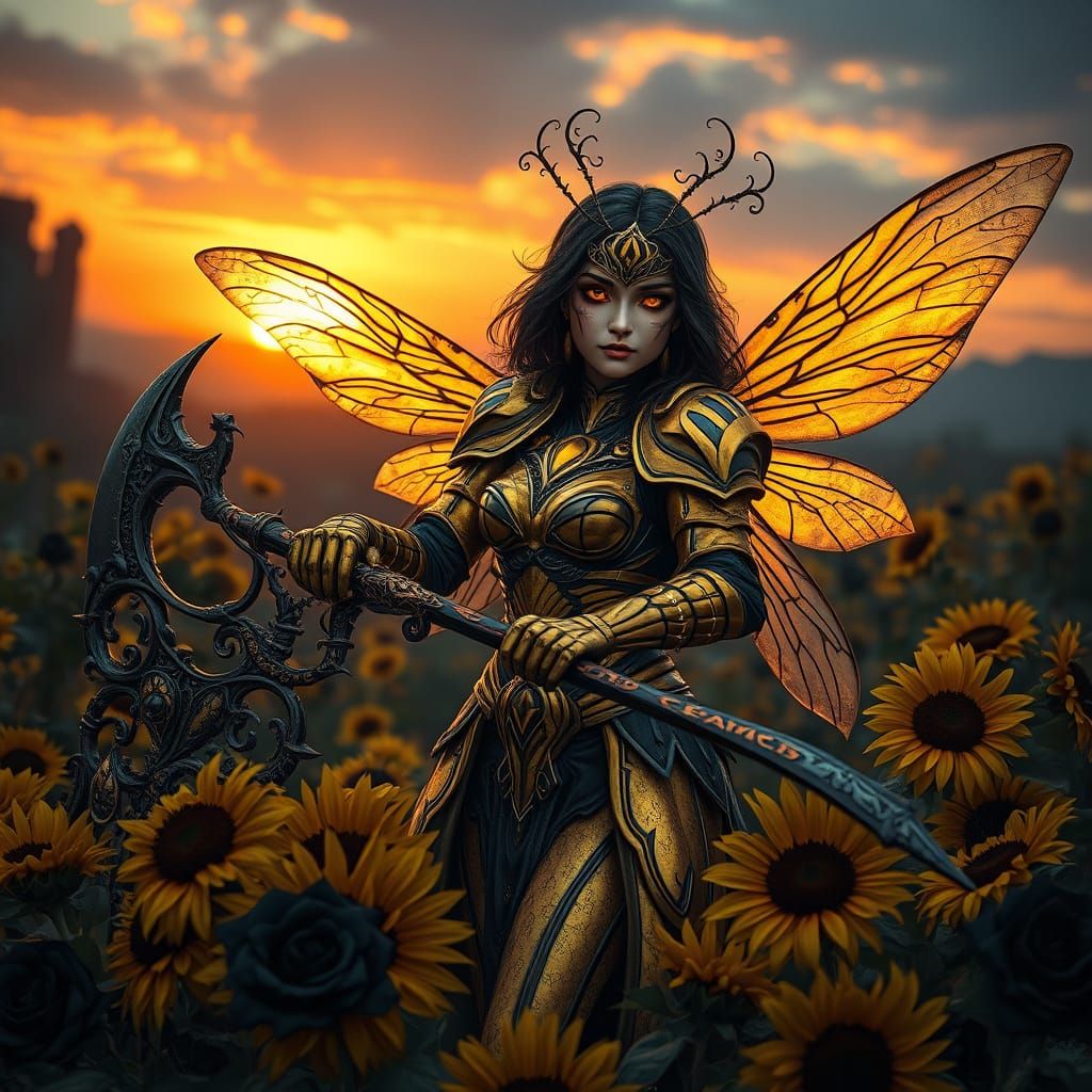 Dark Fantasy Bumblebee Queen in Iridescent Armor, Filigree W...