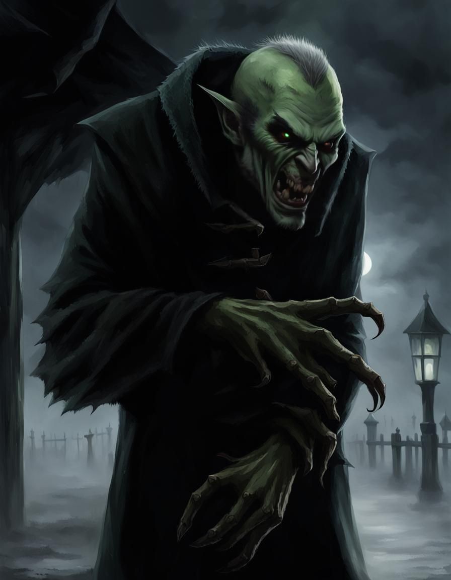 Vampire in Cossack Coat on Foggy Pier