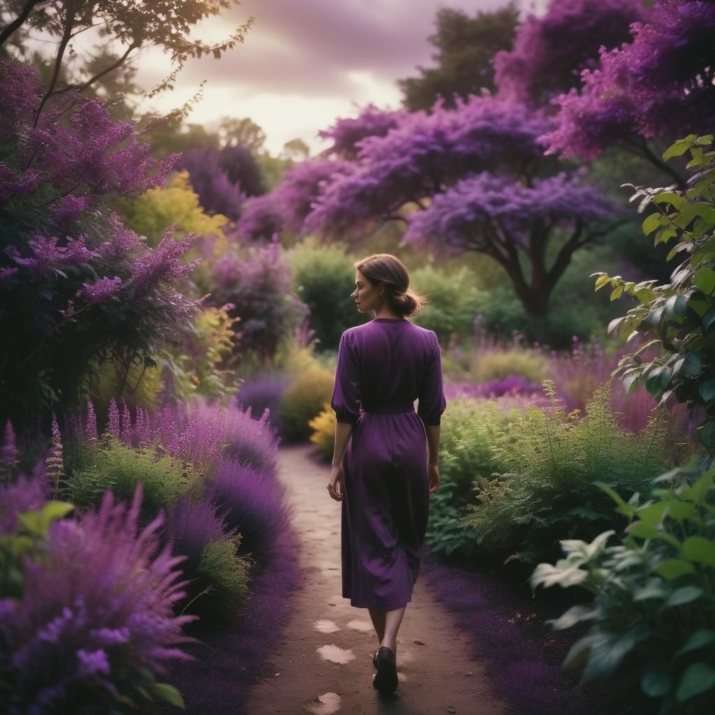 Woman in Purple Garden: Cinematic Film Still