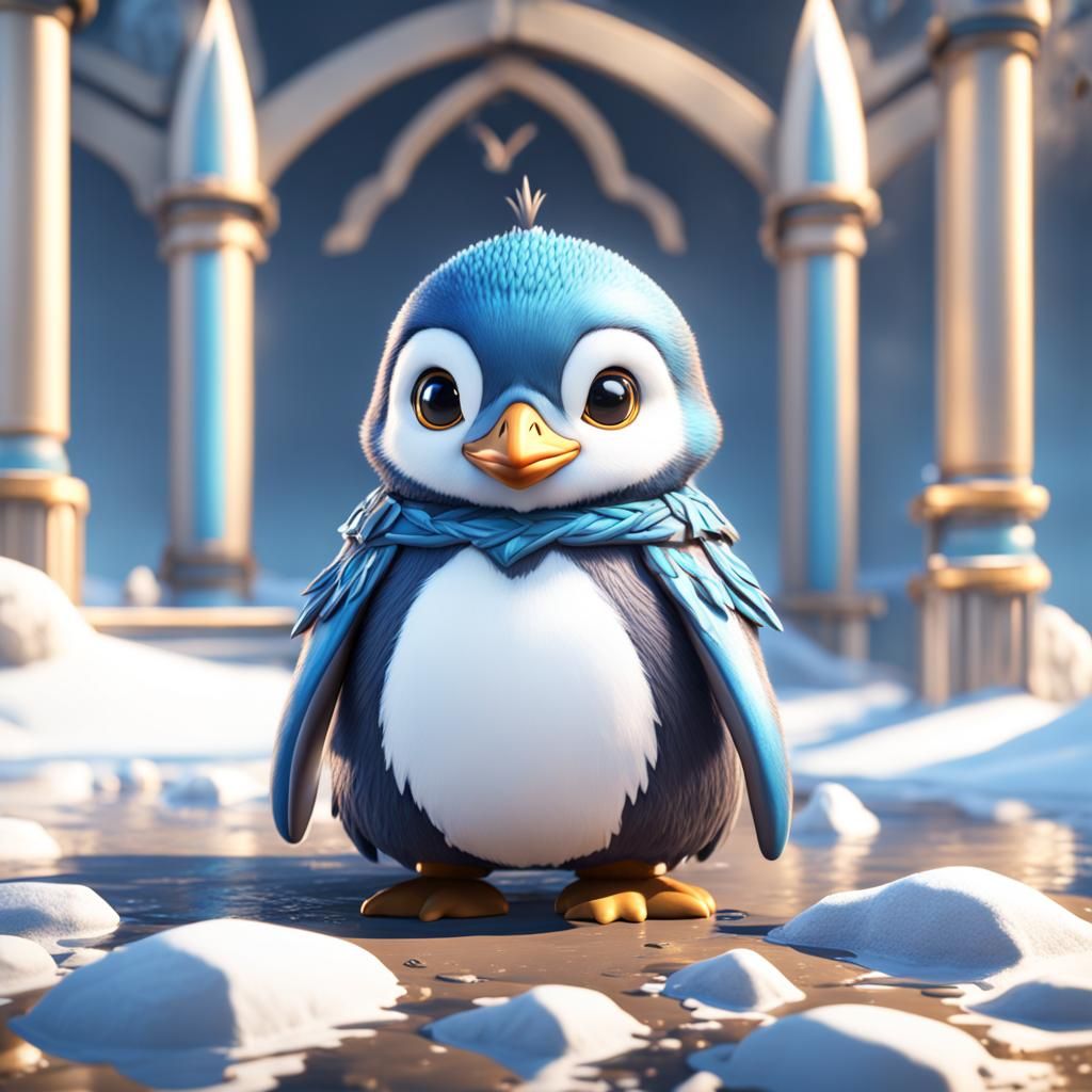 Cute Blue Penguin in Detailed Matte Painting