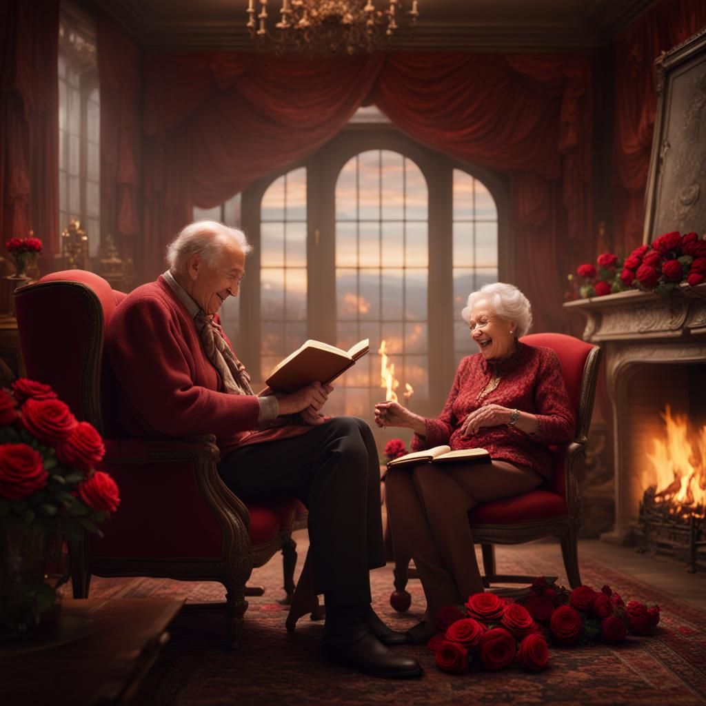 Couple Reading by Fireplace Surrounded by Roses