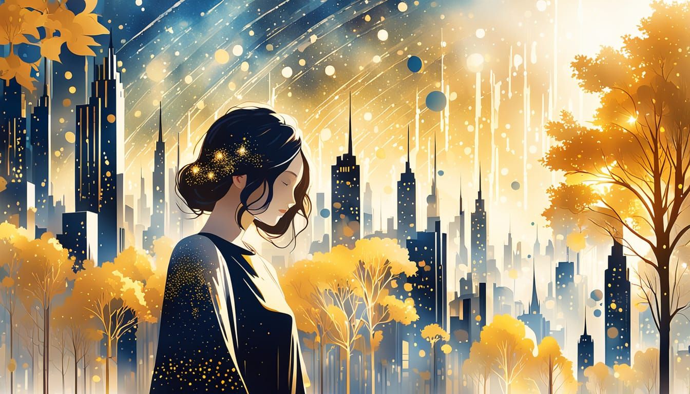 Galaxy Over Art Deco City in Autumn Mist