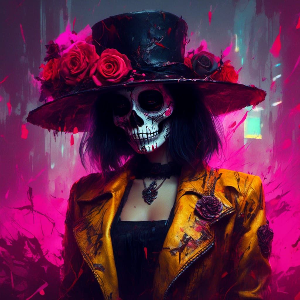 Cyberpunk Mexican Skull Woman with Rose Ornament