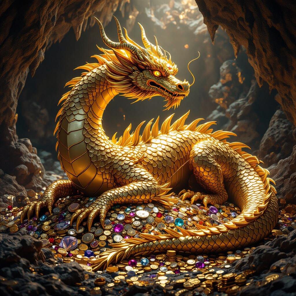 Golden Dragon on Treasure Hoard, Hyperrealistic 8k