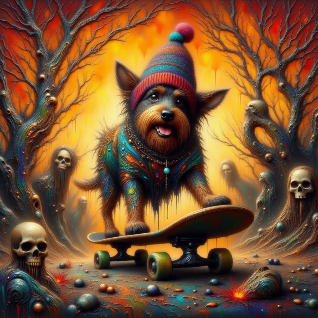 Dog on Skateboard in Hellscape Oil Painting
