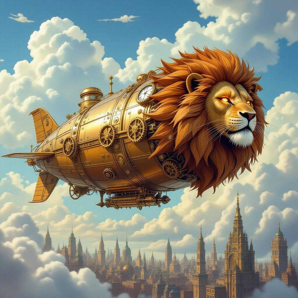 Majestic Steampunk Lion Airship Soars Through Clockwork Skie...