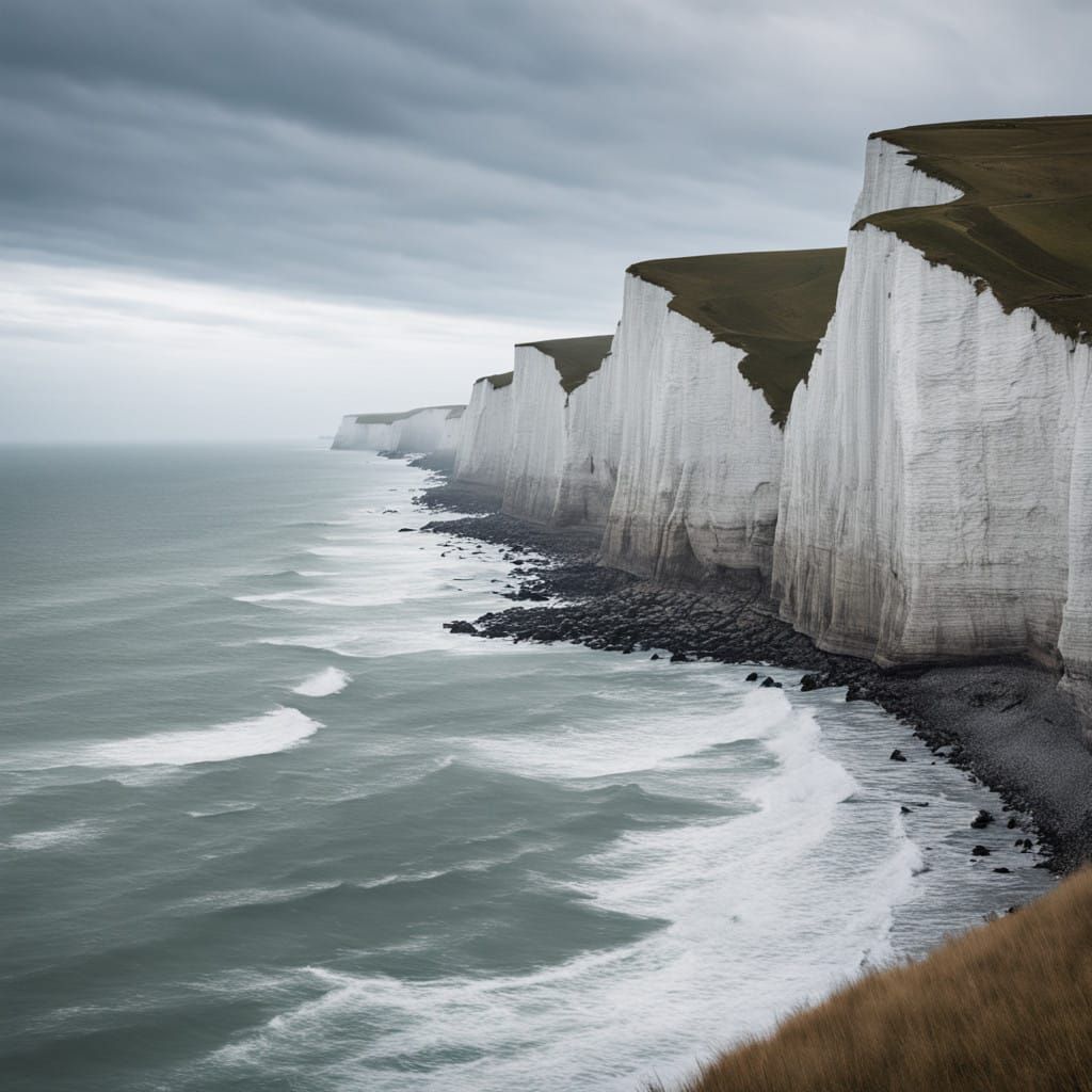 Dramatic White Cliffs of Dover Seascape in Primitivist Style