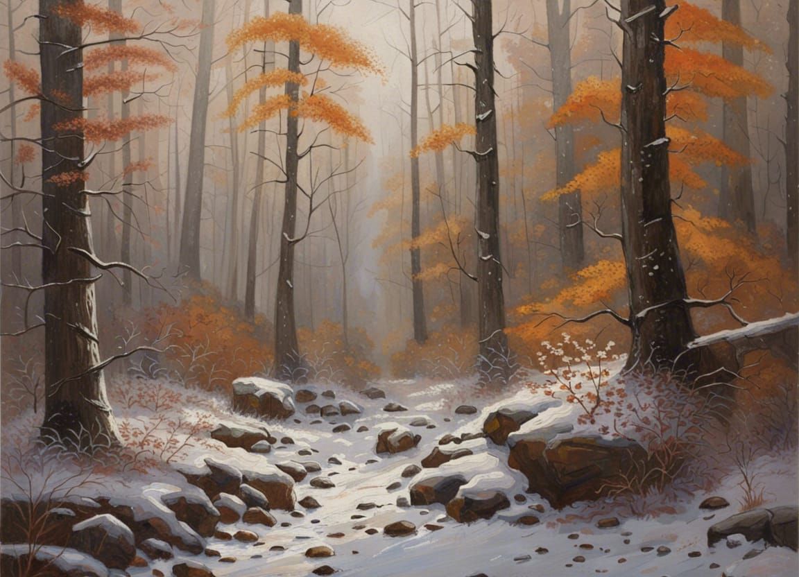 Snowy Autumn Forest in Oil Painting Style