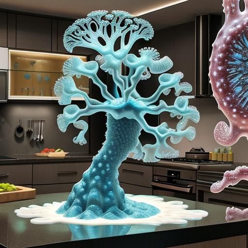 Giant Amoebas Cooking Dinner in Modern Kitchen