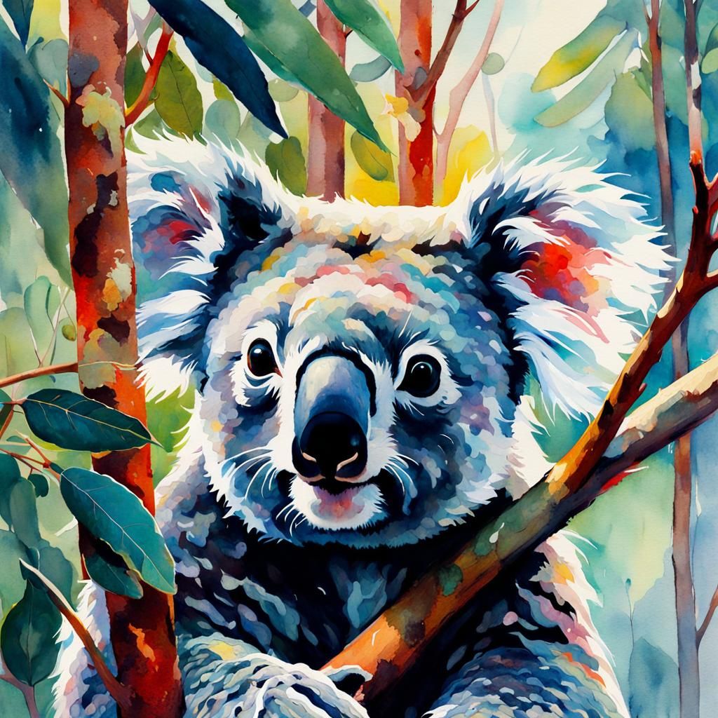 Detailed Watercolor Koala in Fantasy Forest