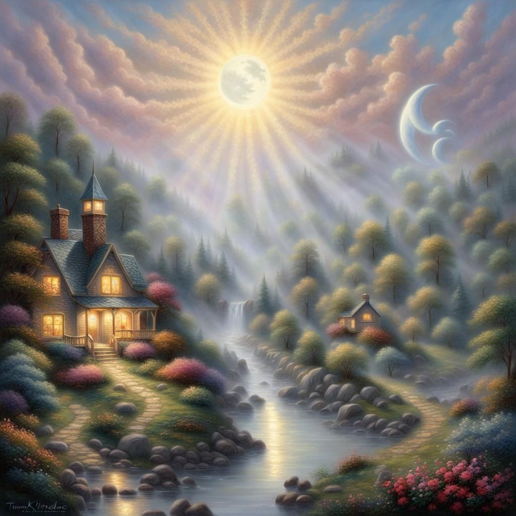 Ethereal Fantasy Landscape with Sun, Moon, and Stars