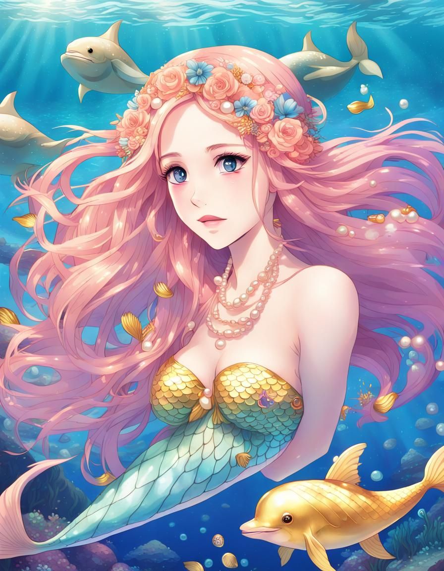 Anime Mermaid with Dolphins in the Sea