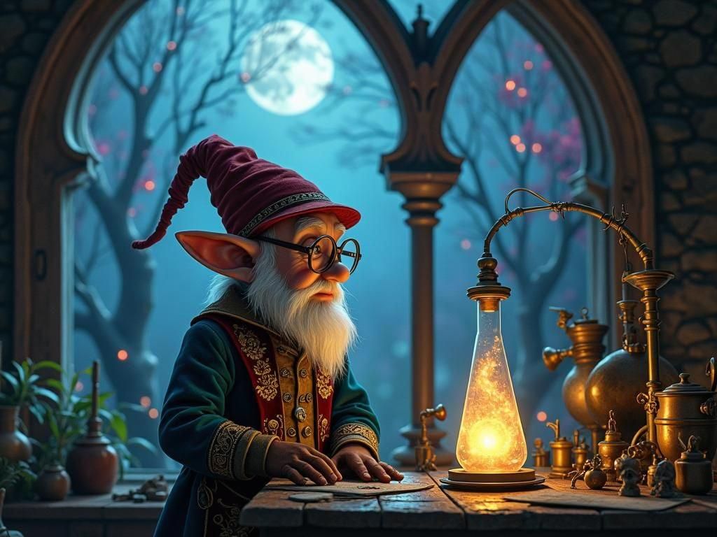Gnome Inventor in Surreal Steampunk Workshop