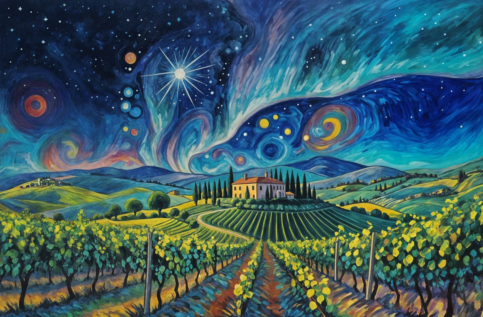 Tuscan Vineyard Panorama Under Celestial Aurora