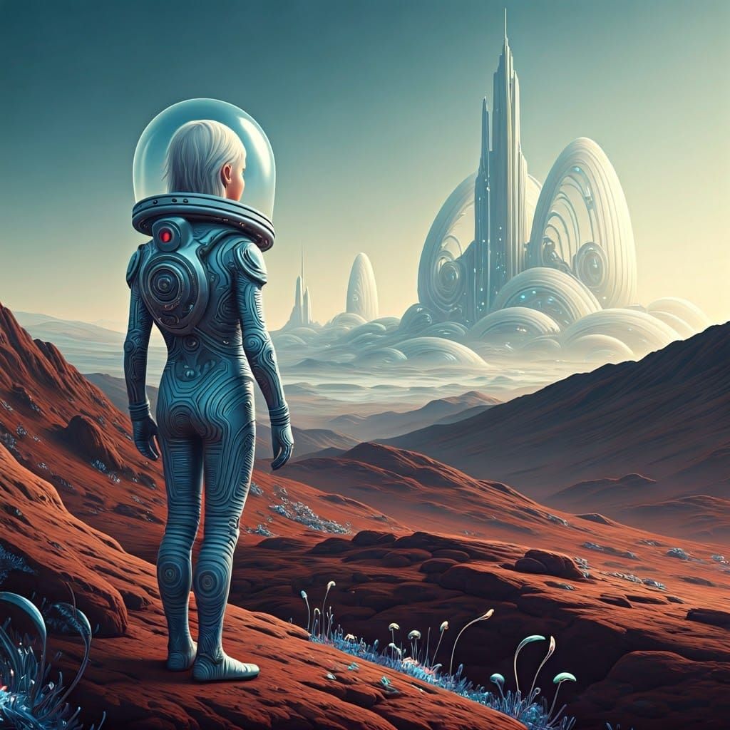 Celestial Child Contemplates Futuristic Metropolis