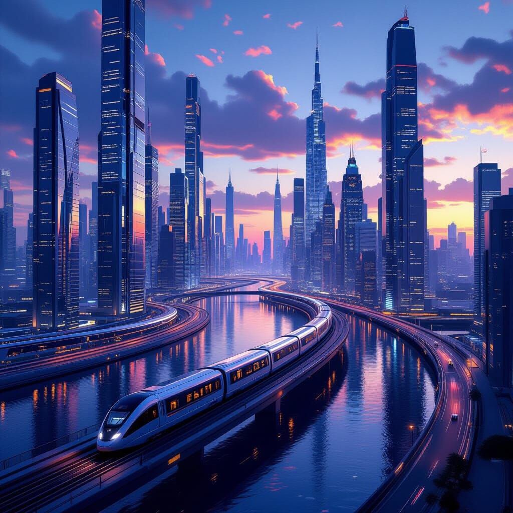 Futuristic Cityscape with Solar Skyscrapers and Flying Train...