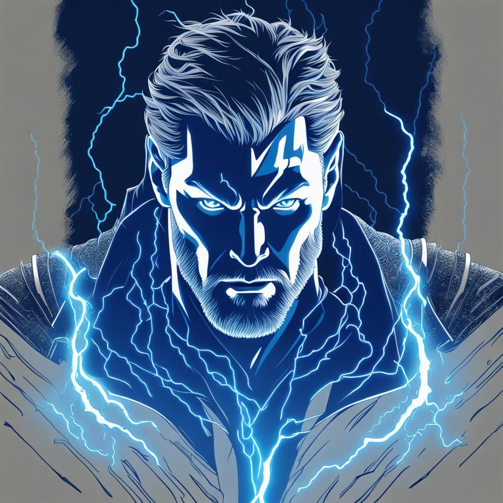 Electric Blue Thor Silhouette with Lightning